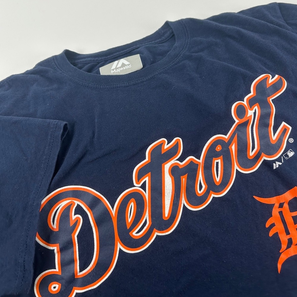 Majestic Mens L Detroit Tigers MLB T-Shirt Navy Blue Graphic Tee Short Sleeve